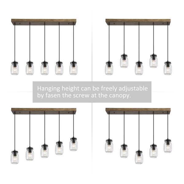 Industrial Kitchen Island Faux Wood Chandelier Farmhouse 5-Light Dining Room Black Chandelier with Mason Jar Shades