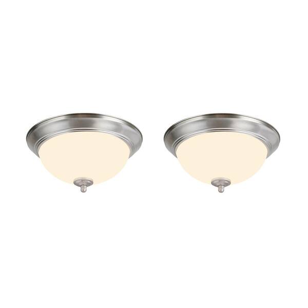 11 in. 15-Watt Satin Nickel Integrated LED Ceiling Flush Mount with Frosted Glass Diffuser (2-Pack)