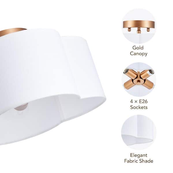 13.5 in. 4-Light Brushed Gold Semi-Flush Mount with White Fabric Drum Shade