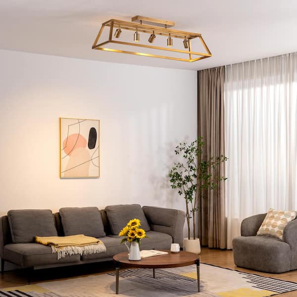 Shura Cage 48 in. 5-Light Integrated LED Farmhouse Flush Mount Light, Directional Spot with Dimmable - Brushed Brass