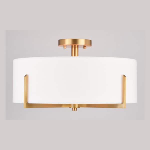 Surrey 18-in W Natural Brass Mid-Century Modern Semi Flush Mount Ceiling Light White Linen Drum Shade