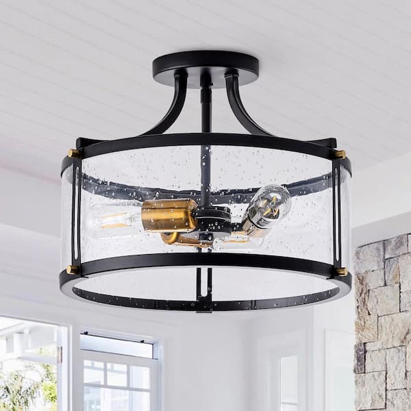15.7in. 3-Light Industrial Black Semi-Flush Mount Ceiling Light with Seeded Glass Shade