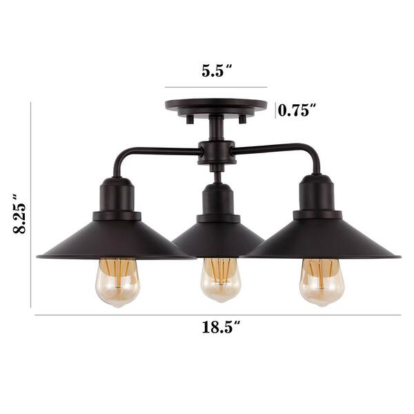 Calvin 18.5 in. 3-Light Iron Industrial Farmhouse LED Oil Rubbed Bronze Semi-Flush Mount Ceiling Light