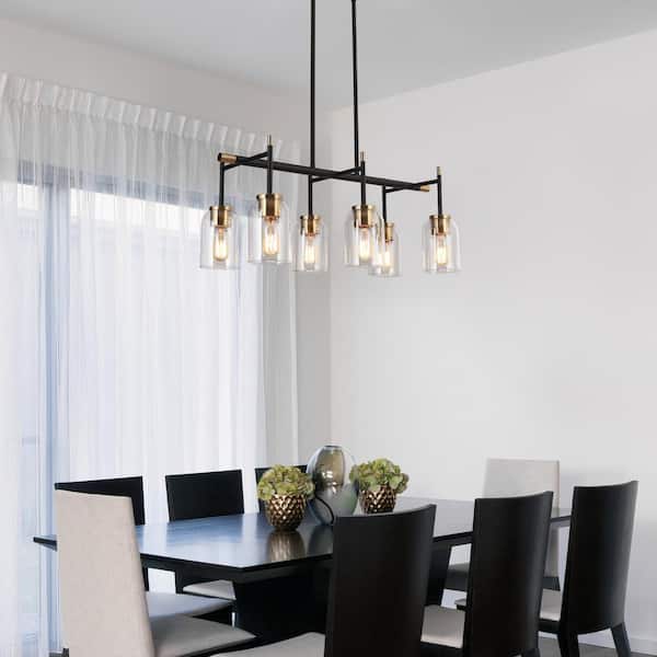 6-Light Black Modern Island Chandelier, Transitional Brass Gold Adjustable Hanging Pendant with Clear Cylinder Shade