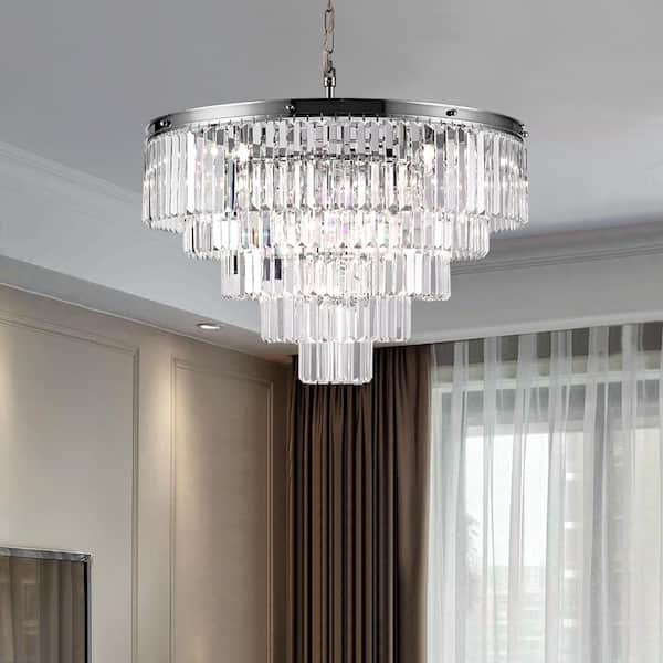 Annapolis 12-Light Chrome/Clear Unique Tiered Chandelier with Crystal Accents