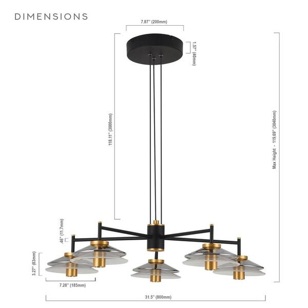 Verona 31 in. 5-Light ETL Certified Integrated LED Black Chandelier Lighting Fixture with Glass Shades