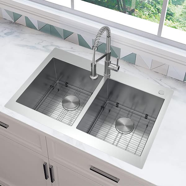 Professional 33 in. Zero Radius Drop-In 50/50 Double Bowl Drop-In Stainless Steel Kitchen Sink with Accessories