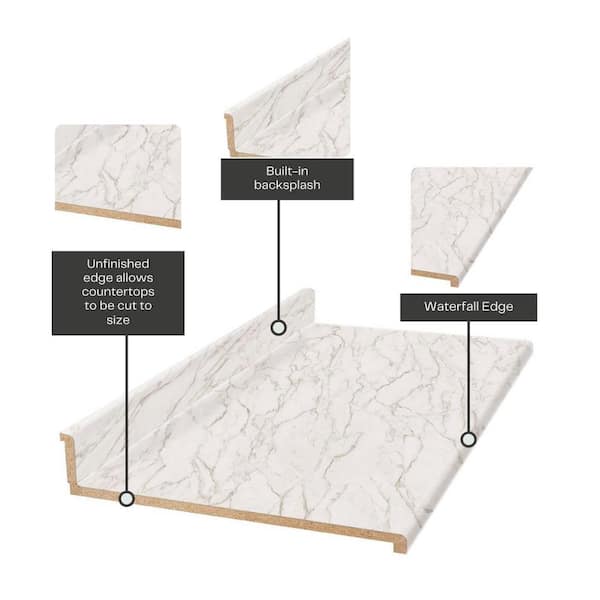 Wilsonart 8 ft. Straight Laminate Countertop in Textured Anzio Marble with Waterfall Edge and Integrated Backsplash