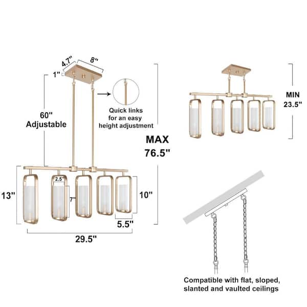 Transitional Kitchen Island Gold Chandelier 5-Light Hanging Ceiling Light Frosted Glass Shaded Dining Room Chandelier