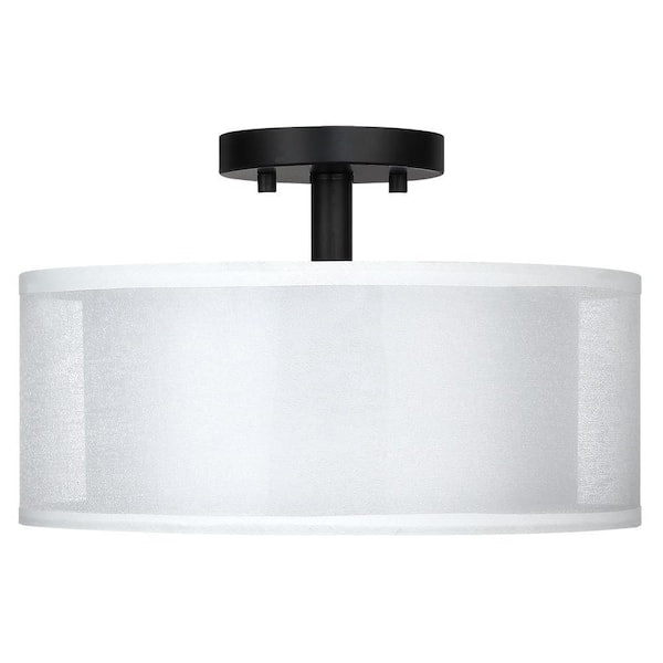 Celina 13 in. 2-Light White Double Drum Semi-Flush Mount Light With Black Hardware