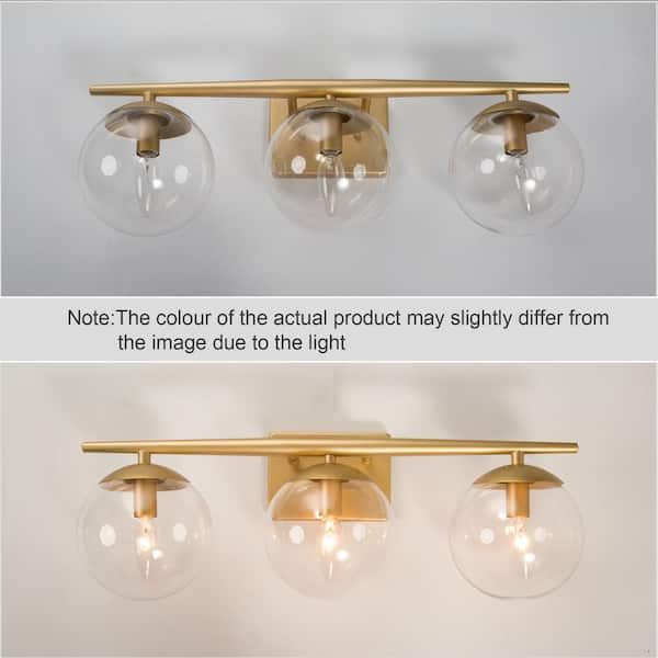 Modern Gold Bathroom Vanity Light, 3-Light Farmhouse Brass Wall Sconce with Clear Globe Glass Shades