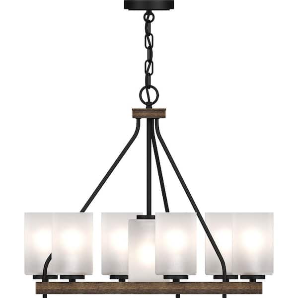 Emery 7-Light Walnut and Black Indoor Hanging Chandelier with Frosted Glass Cylinder Shades
