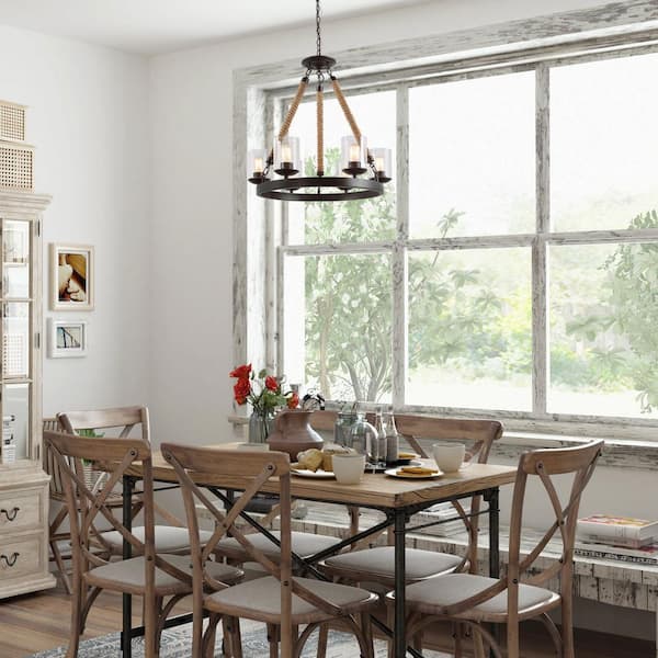 Farmhouse 6-Light Dark Brown Wagon Wheel Island Rustic Chandelier with Cylinder Clear Glass Shades and Natural Ropes