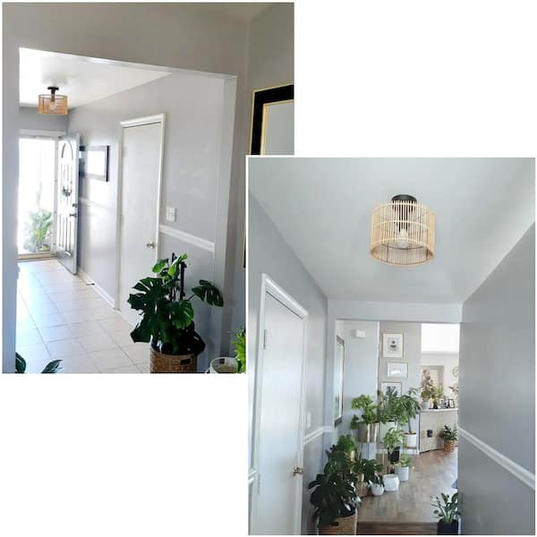 11.8 in. 1-Light Eclectic Natural Rattan and Bamboo Semi-Flush Mount Ceiling Light with Black Hardware