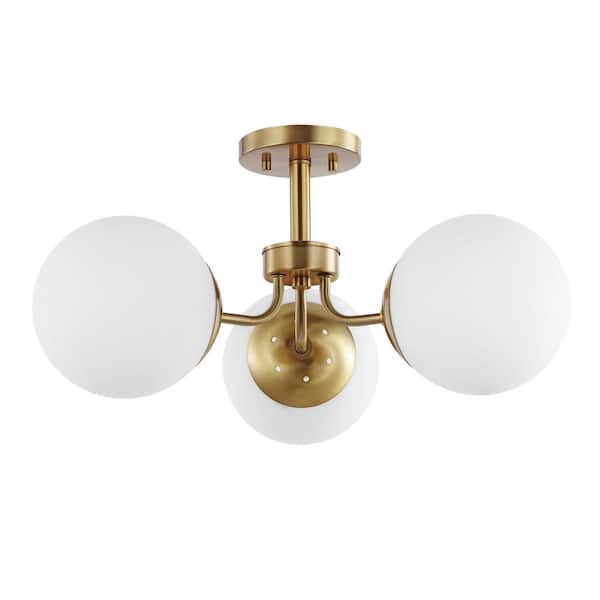 Olivier 23.5 in. 3-Light Brass Gold Bohemian Farmhouse Iron/Frosted Glass LED Semi Flush Mount, White