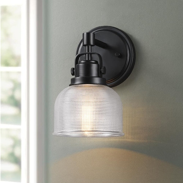 6 in. 1-Light Black Bathroom Wall Sconce with Clear Prismatic Glass Shade