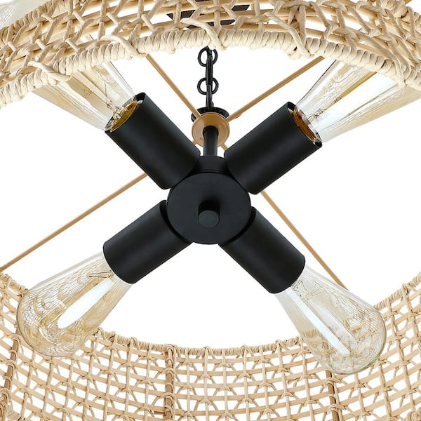 20 in. 4-Light Rattan Tiered Drum Pendant Chandelier Light with Black Canopy