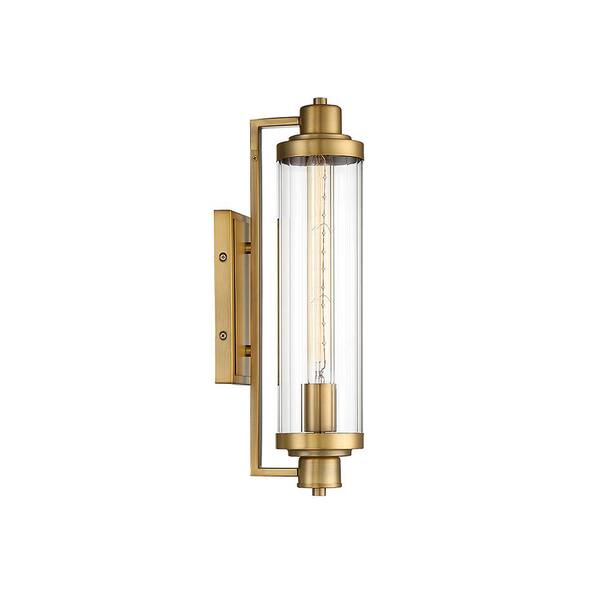 Pike 4.5 in. W x 15.25 in. H 1-Light Warm Brass Wall Sconce with Clear Ribbed Glass Shade