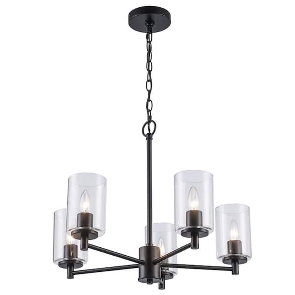 5-Light Black Chandelier Light Fixture with Clear Glass Shades
