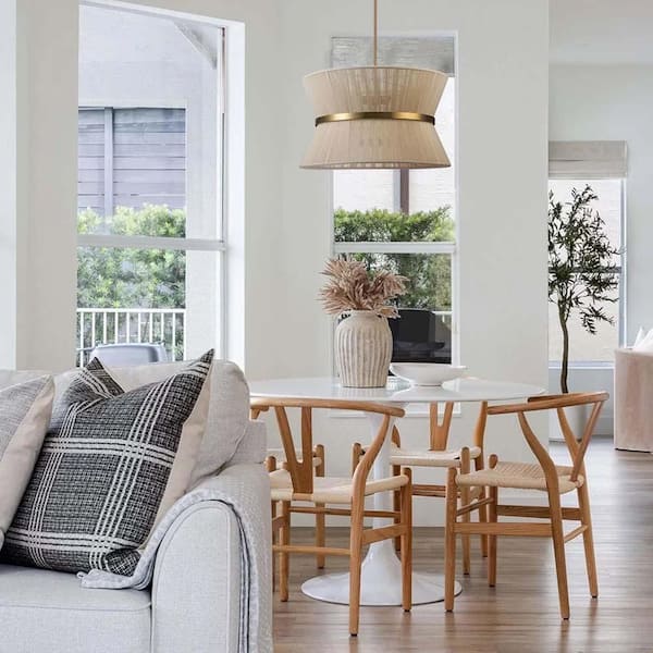 Tabor 8-Light Gold Ivory Hourglass Pendant Light with Hemp Fly Shade