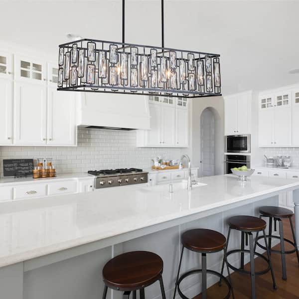 5-Light Black Rectangular Island Chandelier with Faceted Crystals