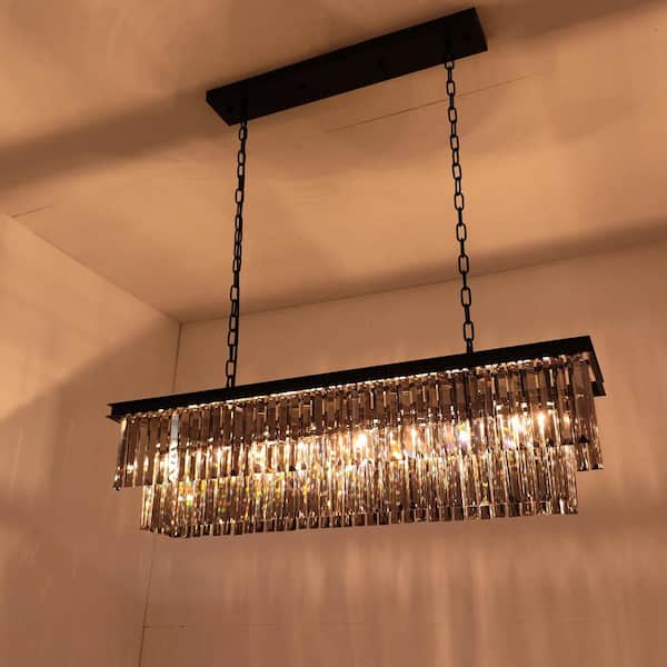 40 in. 7-Light Black Modern Matte Black Crystal Chandelier Linear Farmhouse Kitchen Island Dining Room Pendant Lighting