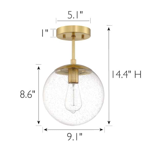 Gracelyn Modern 14.36 in. 1-Light Satin Gold Smart Semi-Flush Mount Ceiling Light with Clear Seedy Glass Globe Shade