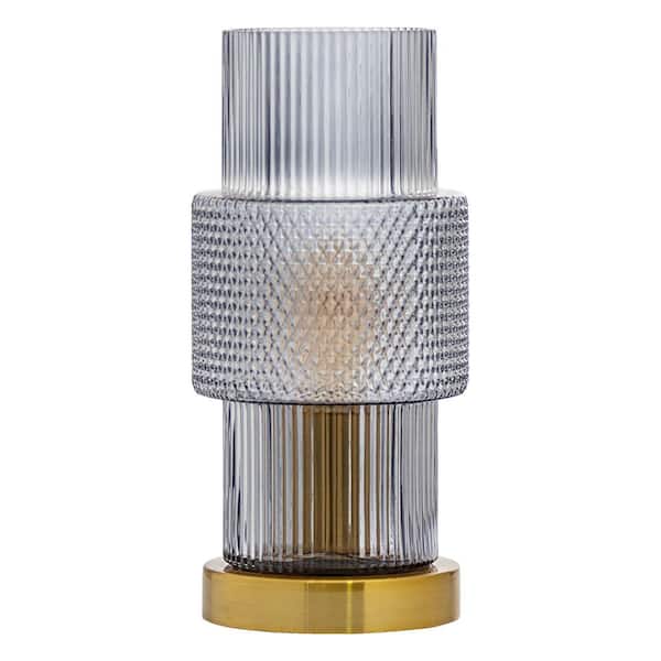 Marilee 10.625 in. Brushed Gold-Colored Pillar Table Lamp with Cylindrical Textured Blue Glass Shade