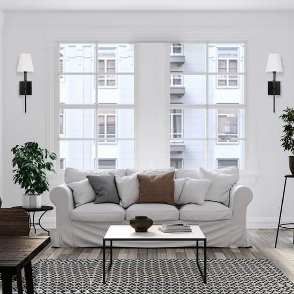 1-Light Matte Black Wall Sconce with White Fabric Shade(2-Pack)