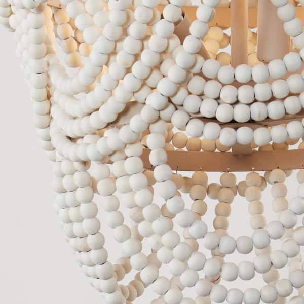 Modern Boho Dining Room Chandelier 4-Light Distressed White Island Chandelier with Wood Beads and Rope