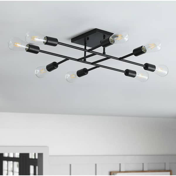 Modern 28 in. 8-Light Black Sputnik Linear Semi-Flush Mount Ceiling Lighting Fixture