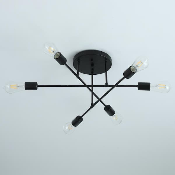 21.6 in. 6-Light Black Sputnik Modern Linear Semi Flush Mount