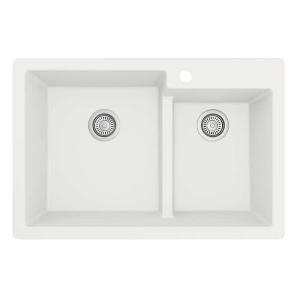 QT-811 Quartz 33 in. 60/40 Double Bowl Drop-In Kitchen Sink in White