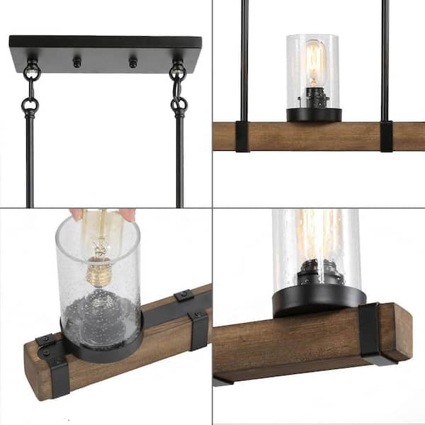 Linear Wood Chandelier, Brown Rectangular 5-Light Island Pendant Light Black Farmhouse Chandelier with Seedy Glass Shade