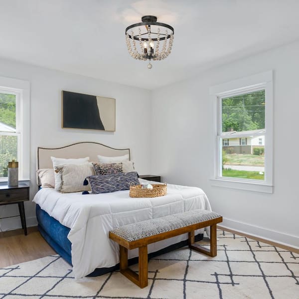 Boho 16 in. 3-Light Antique Black Rustic Empire Semi Flush Mount Kitchen Ceiling Light with Wood and Crystal Beads