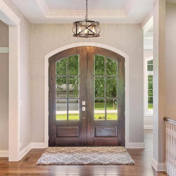 4-Light Rust Black Drum Cage Candlestick Island Chandelier with Faux Wood Accents