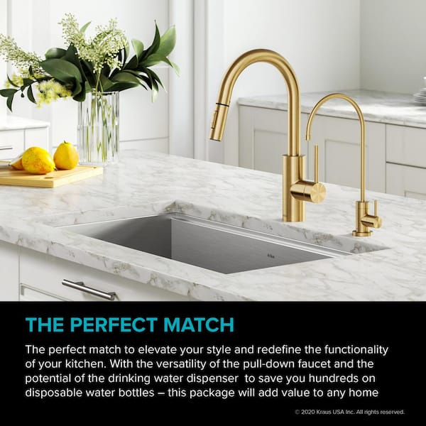 Oletto Single Handle Pull-Down Kitchen Faucet and Purita Beverage Faucet in Brushed Brass