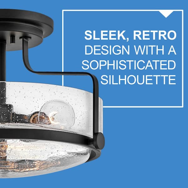 Hinkley Harper Medium Semi-Flush Mount Ceiling Light, Black + Clear Seedy Glass