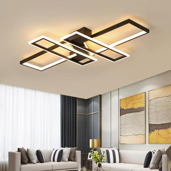 35.4 in. 1-Light Black Modern Geometric Dimmable Selectable LED Semi-Flush Mount Ceiling Light with Remote