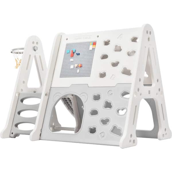 7-In-1 Gray HDPE Playset with Tunnel, Climber, Whiteboard, Toy Building Block Baseplates, Basketball Hoop