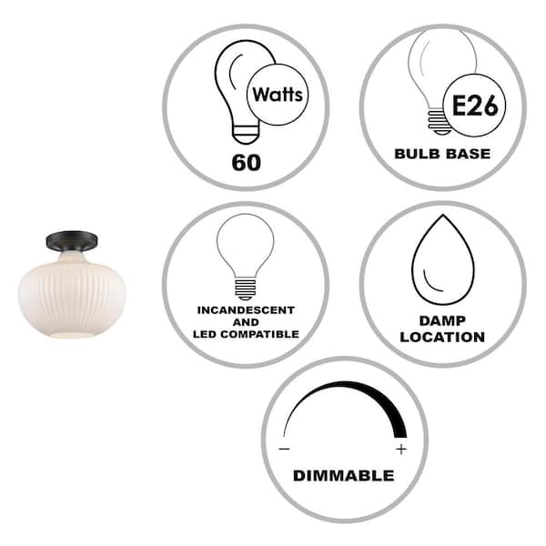 Aristo 12 in. 1-Light Black Semi-Flush Mount Ceiling Light Fixture with White Ribbed Glass Shade