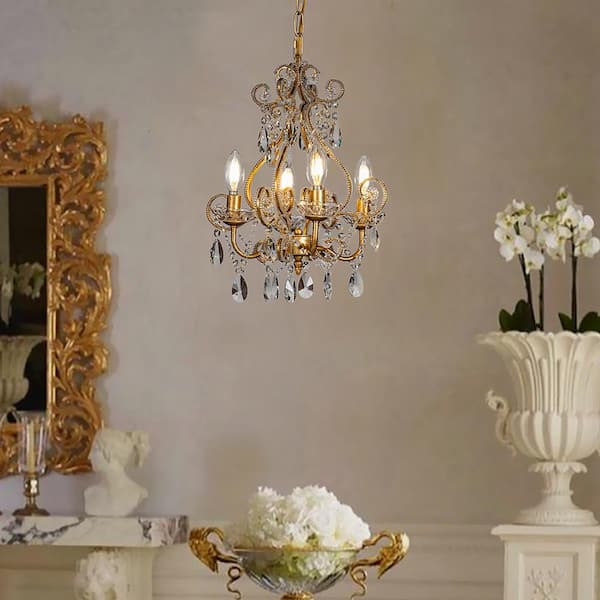 4-Light Antique Gold Crystal Candlestick Chandelier 13 in. Pendant Light with Teardrop Beads