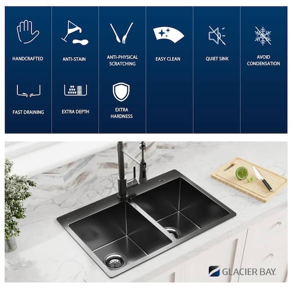 33 in. Drop-in Mount Double Bowl 18 Gauge Gunmetal Black Stainless Steel Kitchen Sink with Black Spring Neck Faucet