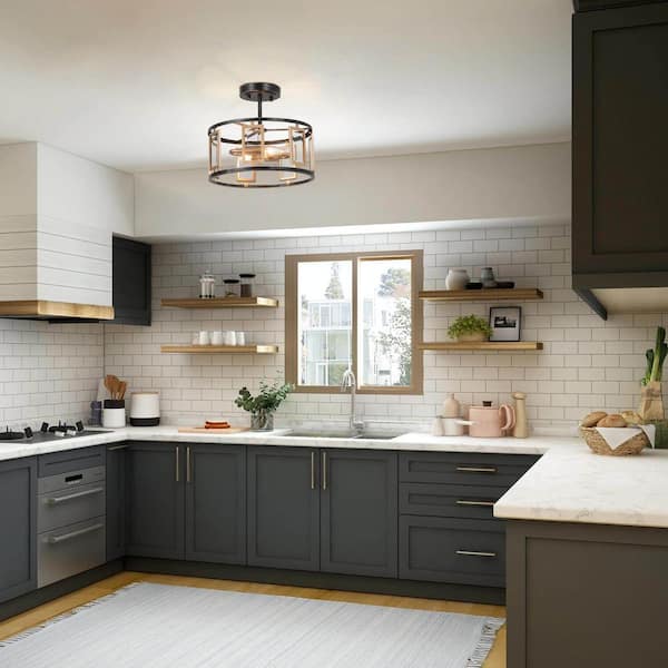 Modern Semi Flush Mount Lighting, 2-Light Antique Brushed Black and Brass Gold Kitchen Semi-Flush Mount Ceiling Light