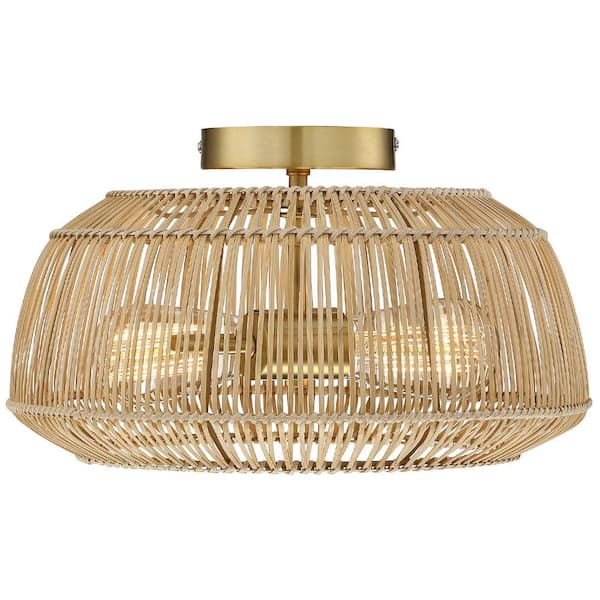 Rhett 14 in. 2-Light Brass Bohemian Rattan Semi-Flush Mount Ceiling Light