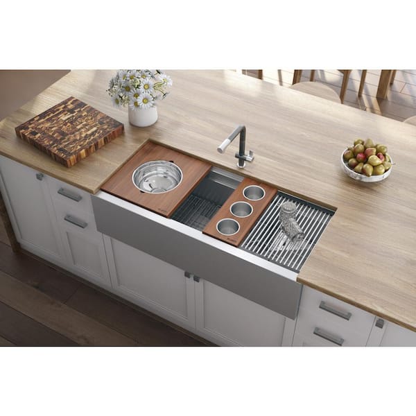 Dual-Tier Stainless Steel 16 Gauge 45 in. Single Bowl Farmhouse Apron Workstation Kitchen Sink