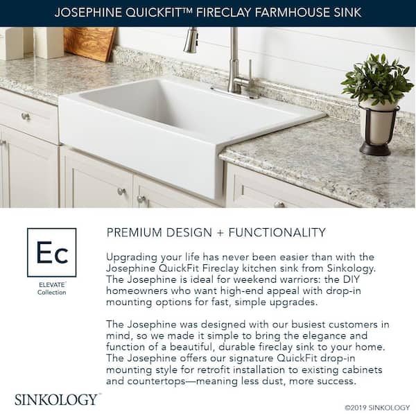 Josephine 34 in. 1-Hole Quick-Fit Drop-In Farmhouse Single Bowl Crisp White Fireclay Kitchen Sink
