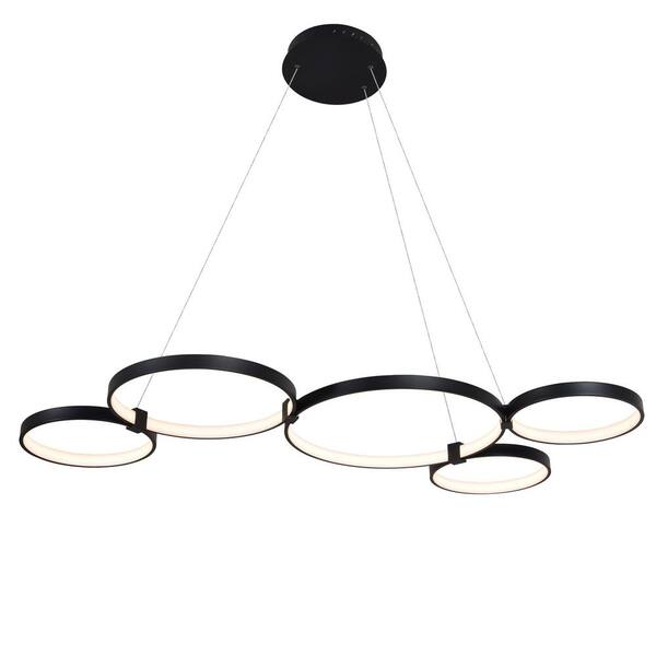 Capella 80-Watt ETL Certified Integrated LED Black Chandelier Height Adjustable 50 in. Pendant Light with 5 LED Circles