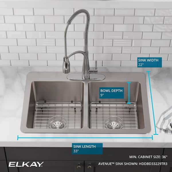 Avenue 33 in. Drop in/Undermount Double Bowl 18 Gauge Stainless Steel Kitchen Sink with Bottom Grids