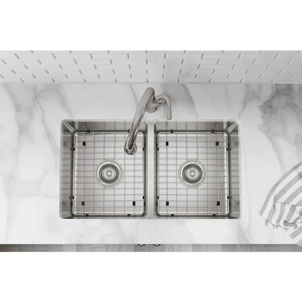 Avenue Drop-in/Undermount Stainless Steel 33 in. 50/50 Double Bowl Kitchen Sink with Bottom Grid and Drains